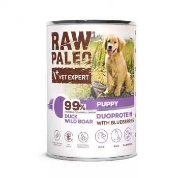 Märg koeratoit VETEXPERT RAW PALEO Duoprotein Part ja Metssiga Kutsikas 400 g, gluteeni- ja sojavaba, 78% niiskus