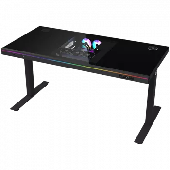 Kahe mootoriga istumiseks/seismiseks reguleeritava kõrgusega mängulaud koos sisseehitatud arvutikorpuse, juhtmevaba laadija, RGB-valgustuse, juhtpaneeli ja USB-portidega, karastatud klaasist lauaplaat, must.
