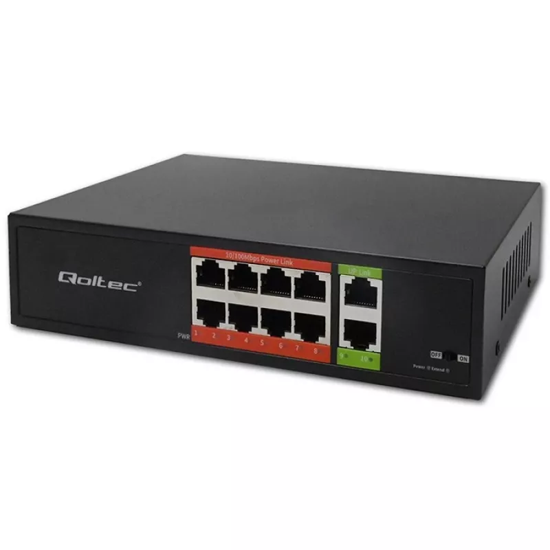 Võrgukommutaator QOLTEC FAST Ethernet PoE 8xRJ45 koos 2xRJ45 üleslingiga (mudel 52290)