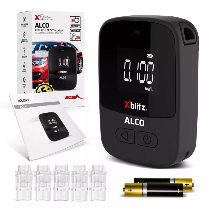 Käeshoitav elektrokeemiline alkomeeter Xblitz ALCO — BAC 0–4%, täpsus 0,05%, LCD, 5 huulikut, 2×1,5V patareid