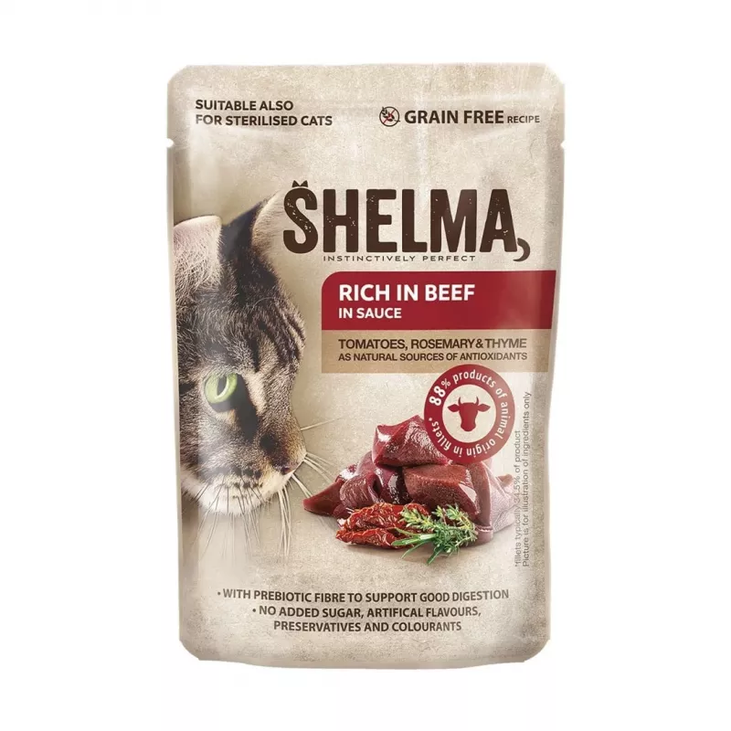 Märg kassitoit SHELMA multipakk 4×85 g — täiskasvanud kassile täisväärtuslik märgtoit, kana, kalkun, veis, part, teraviljavaba