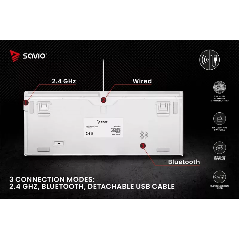 SAVIO PHENIX WHITE juhtmeta mehaaniline klaviatuur, Gateron Red Pro, ABS