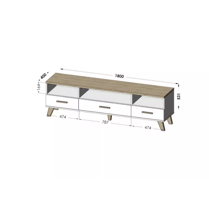 TV-alus Cama Meble LOTTA 180 cm — Wotan tammepuidust raam, matt must pealisplaat, 1800×400×530 mm