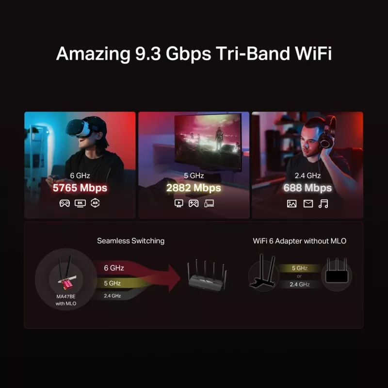PCIe kolmeribalise WiFi 7 adapter MERCUSYS MA47BE — kiire traadita ühenduvus