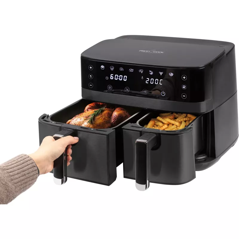 Kahekordne kuumaõhufritüür ProfiCook PCFR1295H — 2 mahutit (5,5 L + 3,5 L), 9,0 L kogumaht, 2700 W, roostevabast terasest esiosa