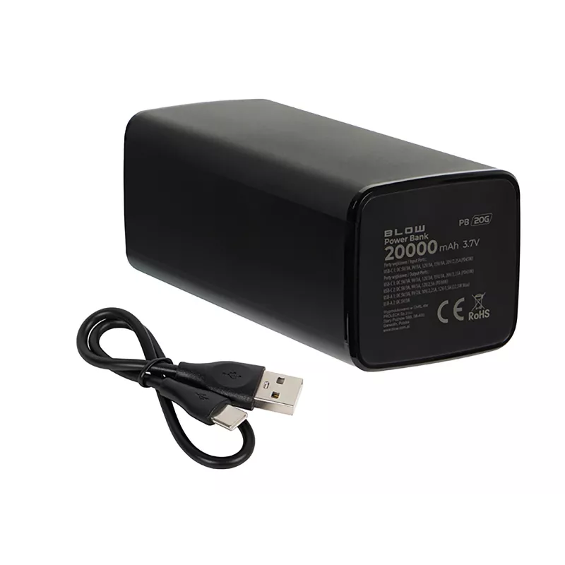 Kaasaskantav akupank BLOW PB20G 20000mAh PD 65W, USB-C sisend/väljund, 2x USB-A väljundit, must