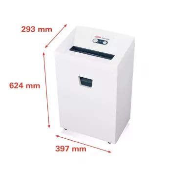 Purustaja HSM Pure 420 — osaklõikus P-4, 24 cm töölaius, 15-leheline mahutavus, 35 L prügikast, valge