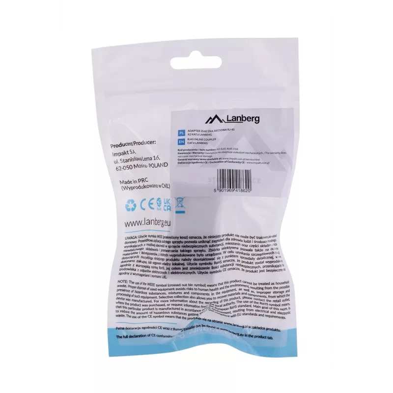 Võrgusplitter LANBERG AD-RJ45-RJ45-OU6 — valge RJ-45 1 sisend 1 väljundiga