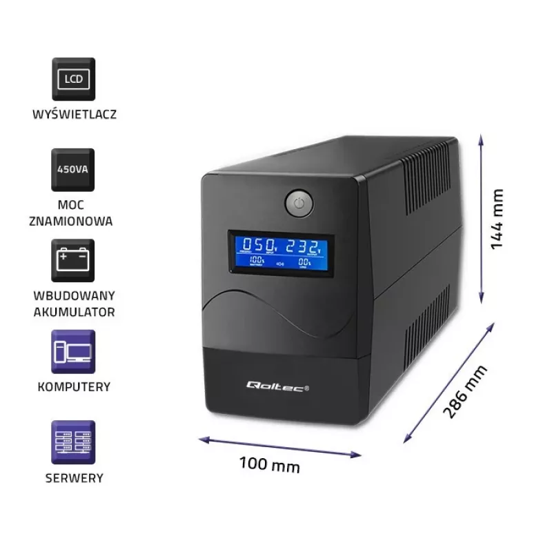 Qoltec Monolith katkematu toiteallikas (UPS) topeltmuundus (Online) 0,45 kVA 240 W 2 pistikupesa