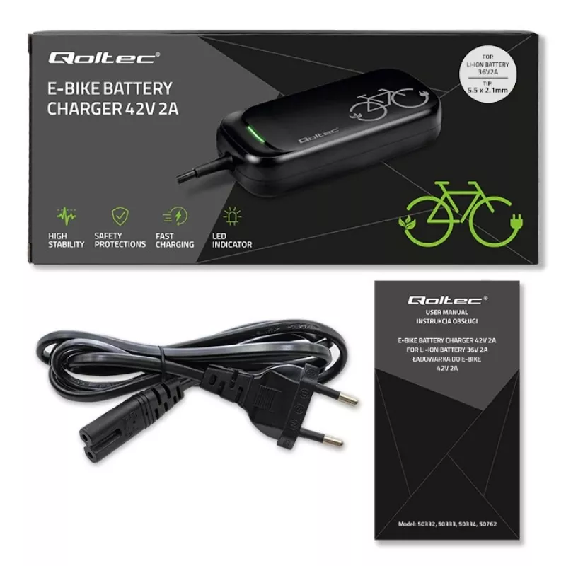 Ebike laadija QOLTEC 50332 — 36V/42V väljund, 2A, 5,5×2,1 mm pistik
