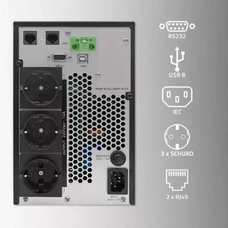 Qoltec 52281 katkematu toiteallikas (UPS) topeltmuundusega (Online) 2 kVA 2000 W 3 pistikupesaga