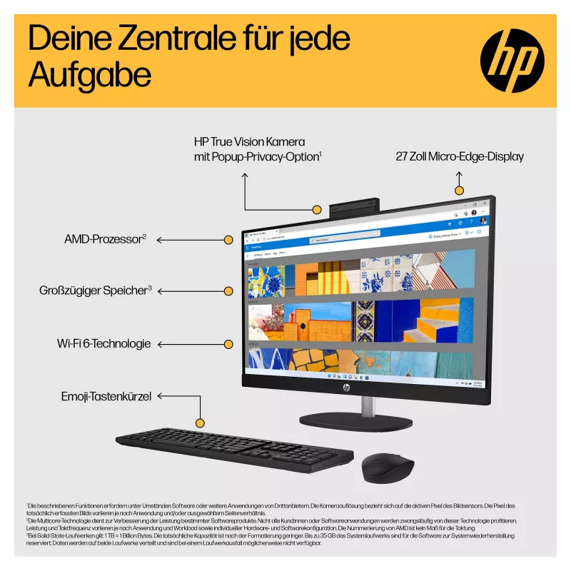 HP 27-cr0471ng - Kõik-ühes (terviklahendus) - Ryzen 7 7730U - RAM 16 GB - SSD 512 GB - NVMe - Radeon Graphics - 1GbE, Wi-Fi 6, Bluetooth - WLAN: 802.11a/b/g/n/ac/ax, Bluetooth