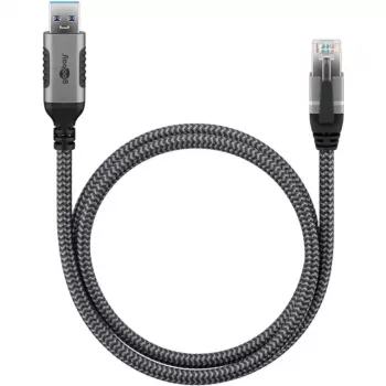 Ethernet-kaabel USB-A 3.2 Gen1 pistik > RJ-45 pistik, LAN-adapter must/hõbedane, 3 meetrit, põimitud tekstiilkattega