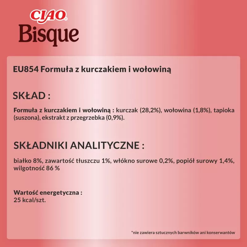 Märg kassimaius INABA Ciao Bisque — Kana veiselihaga, 40 g kotike, teraviljavaba, suhkruvaba