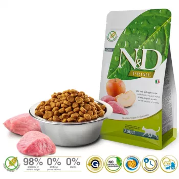Kuiv kassitoit Farmina N&D Prime Adult 5 kg — hirveliha ja õun, valk 44%, rasv 20%