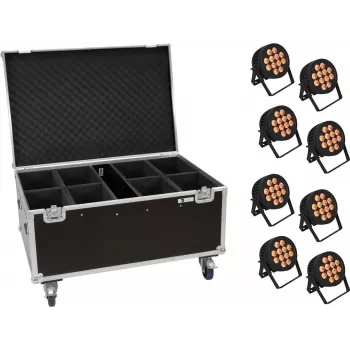 LED PAR valguskomplekt EUROLITE 20000881 — 8 valgustit, 12x8W QCL, sisaldab ratastega lennukohvrit