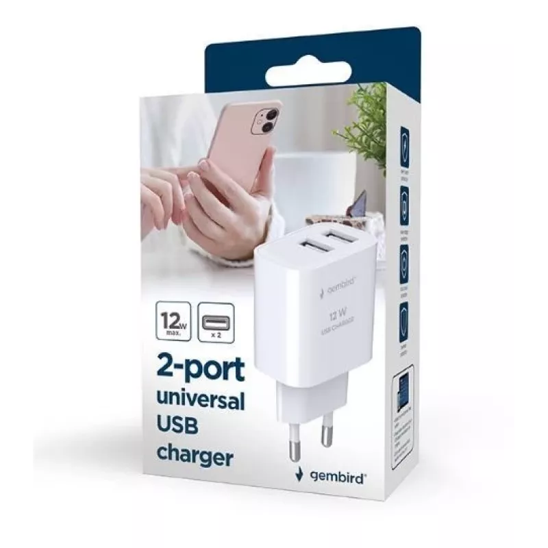 Laadija Gembird TA-UC-2A12-01 siseruumides AC 2.4A 2 USB valge