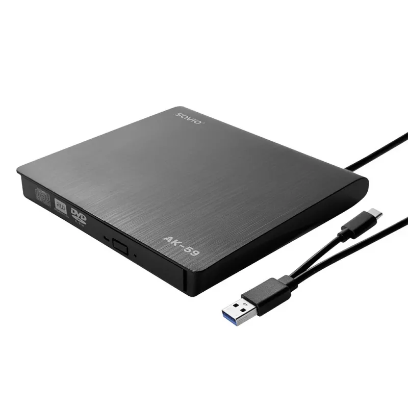 SAVIO AK-59 Väline saleda disainiga CD/DVD-salvesti R/RW - USB-C/USB-A, must