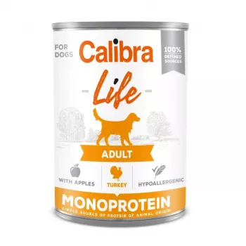Märg koeratoit Calibra Life täiskasvanud koertele kalkuniga with Apples 400 g — täisväärtuslik konservtoit, 9% valku, 7% rasva, teraviljavaba