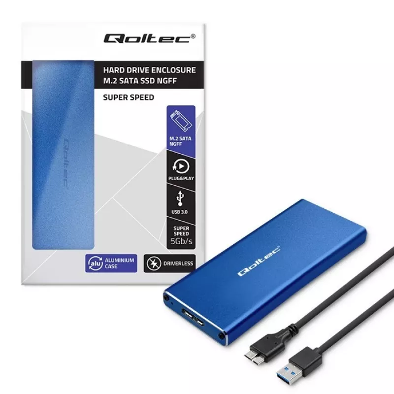 SSD-korpus QOLTEC 51832 — väline M.2 SATA, USB 3.0, kuni 2 TB, sinine, toetab 30 mm draive, 4 pesa