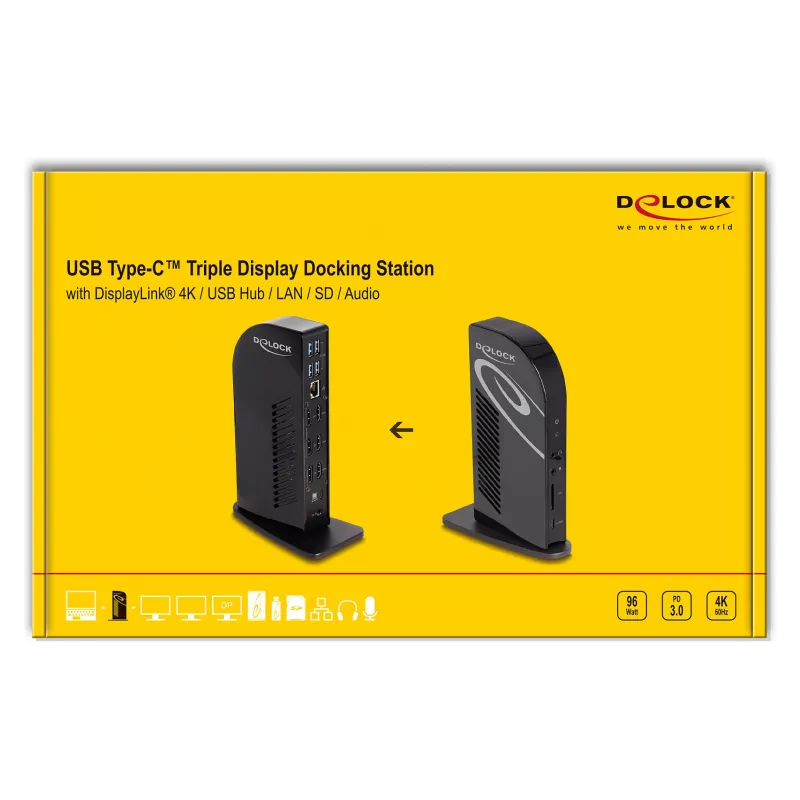 DeLOCK USB-C tüüpi kolme ekraani dokkimisjaam 4K USB-jaotur LAN Heli PD 96 W