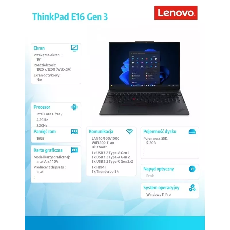 Sülearvuti Lenovo ThinkPad E16 G3 22AY001SPB — Intel Ultra 7, 16,0-tolline WUXGA, 16 GB muutmälu, 512 GB SSD, Windows 11 Pro, must, 1-aastane garantii