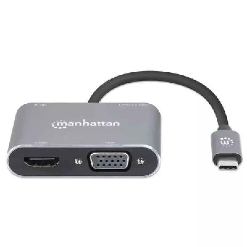 Manhattan USB-C dokk/jaotur, pordid (x4): HDMI, USB-A, USB-C ja VGA, toiteedastusega (PD) 87 W – vajab välist USB-C laadijat (ei kuulu komplekti). Toide USB kaudu (välist toiteallikat pole vaja), kui PD ei ole kasutusel, alumiinium