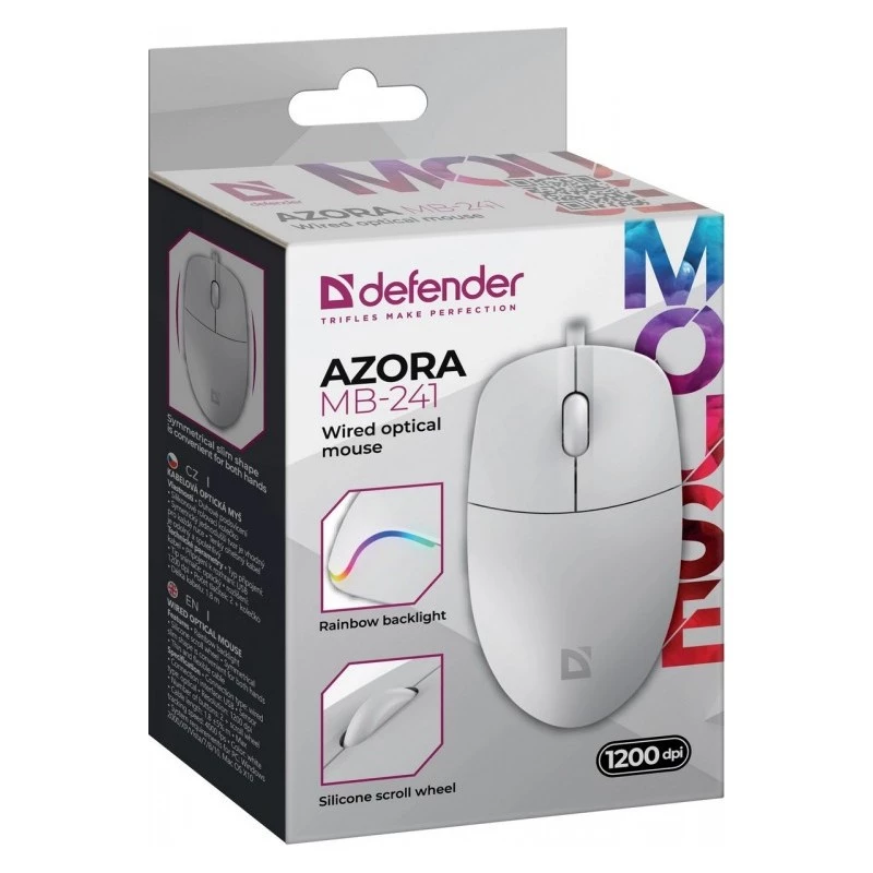 Juhtmega hiir DEFENDER AZORA MB-24 — mõlemakäeline USB optiline, 1200 DPI, 3 eraldusvõime režiimi, valge, 109×86×34 mm