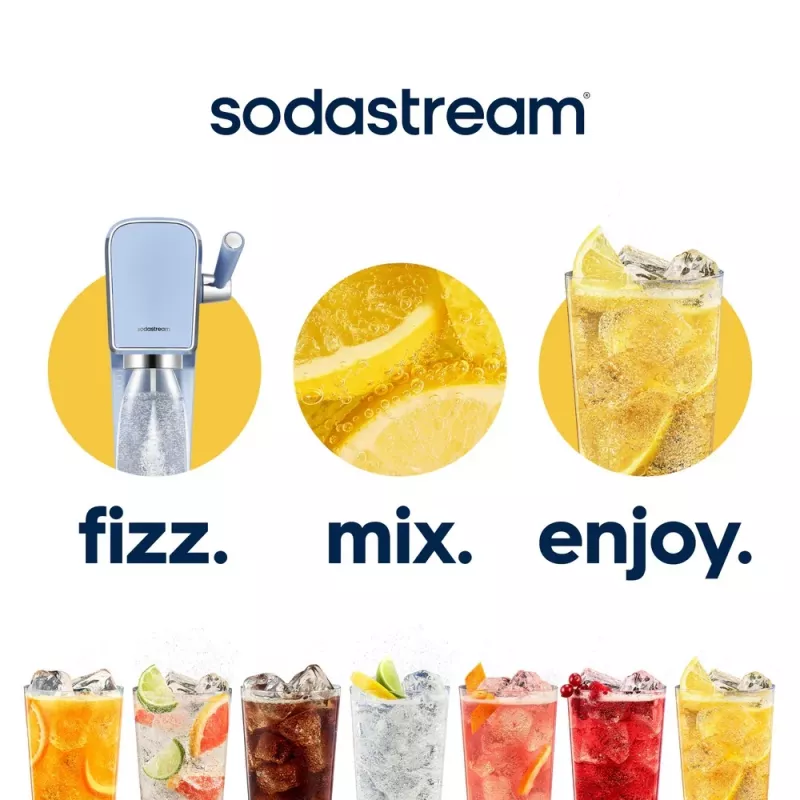 Gaseerimisseade SODASTREAM Art Blue Steel — 1 L plastpudelis, 60 L süsinappegaasiballoon, 173×245×430 mm