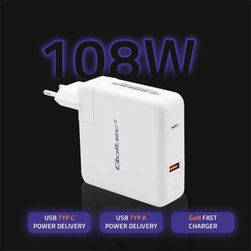 Qoltec GaN laadija FAST 108W | 5-20V | 3-4.7A | USB C | Valge