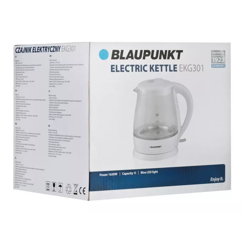Elektriline veekeetja BLAUPUNKT 1 L 1630 W Valge — klaaskorpus, 360° alus, nupuga kaas