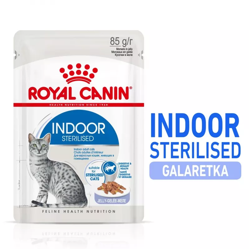 Märg kassitoit Royal Canin Indoor Sterilized 85 g kott — täiskasvanud toas elavatele kastreeritud kassidele, linnuliha maitsega, pakendis 12 x 85 g
