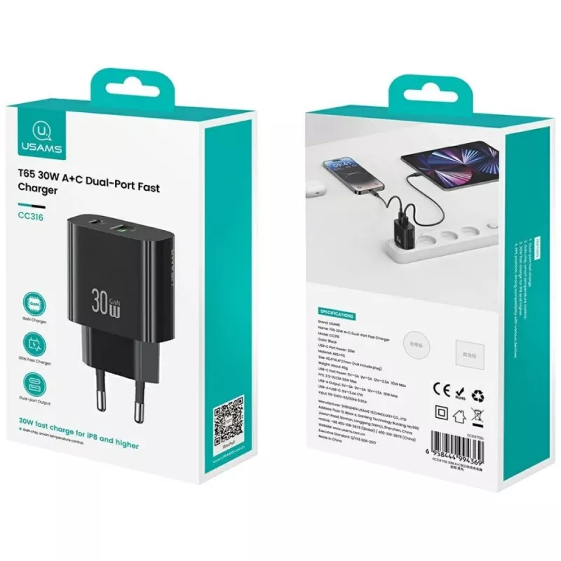 USAMS laadija USA001631 30 W, 1x USB-C ja 1x USB-A kiirlaadimine