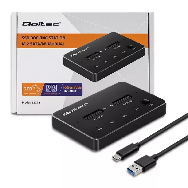 Qoltec 52274 M.2 SSD kettaseadme dokkimisjaam | NVMe | SATA | USB-C | DUAL 2 x 2TB