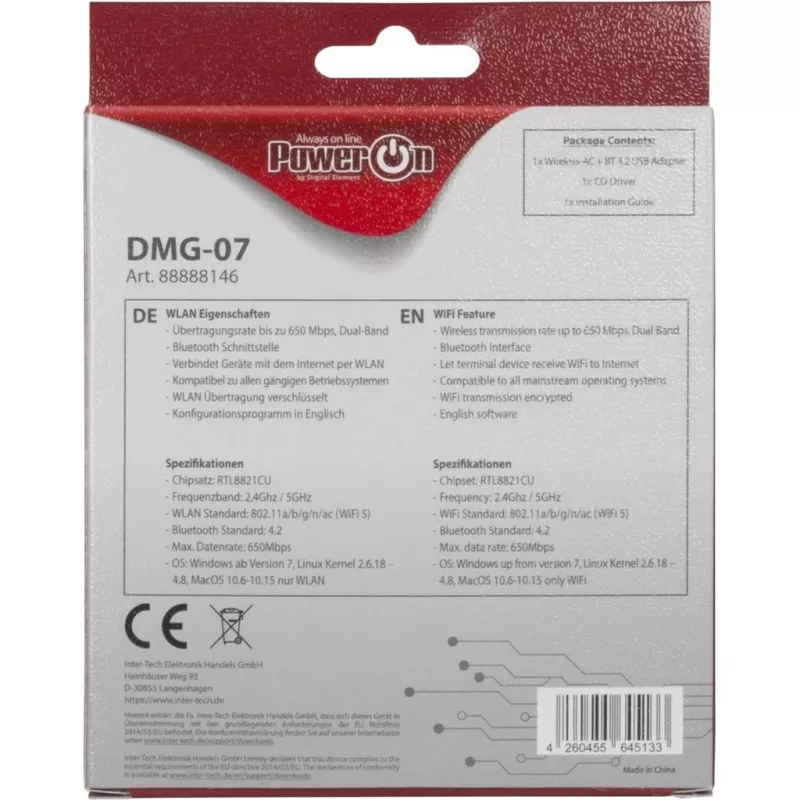 Inter-Tech DMG-07 - Juhtmevaba - USB - Wi-Fi / Bluetooth - Wi-Fi 5 (802.11ac) - 650 Mbit/s - Must (88888146)