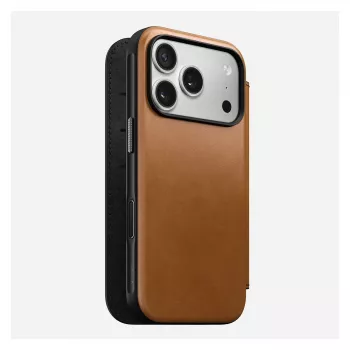 Folio-telefonikott Nomad Modern Leather Folio iPhone 17 Pro jaoks, nahk + alumiinium, 6,3 tolli (16 cm), Tan, 3 kaarditaskut