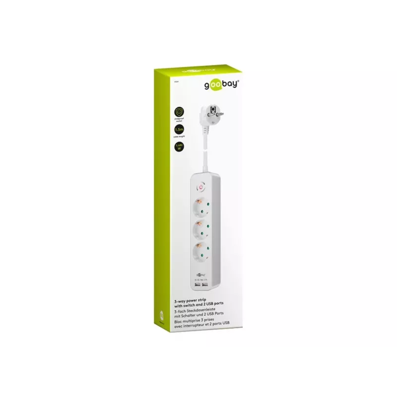 Goobay 3-suunaline pistikupesa lüliti ja USB-ga 1,5m kaabel, tüüp F