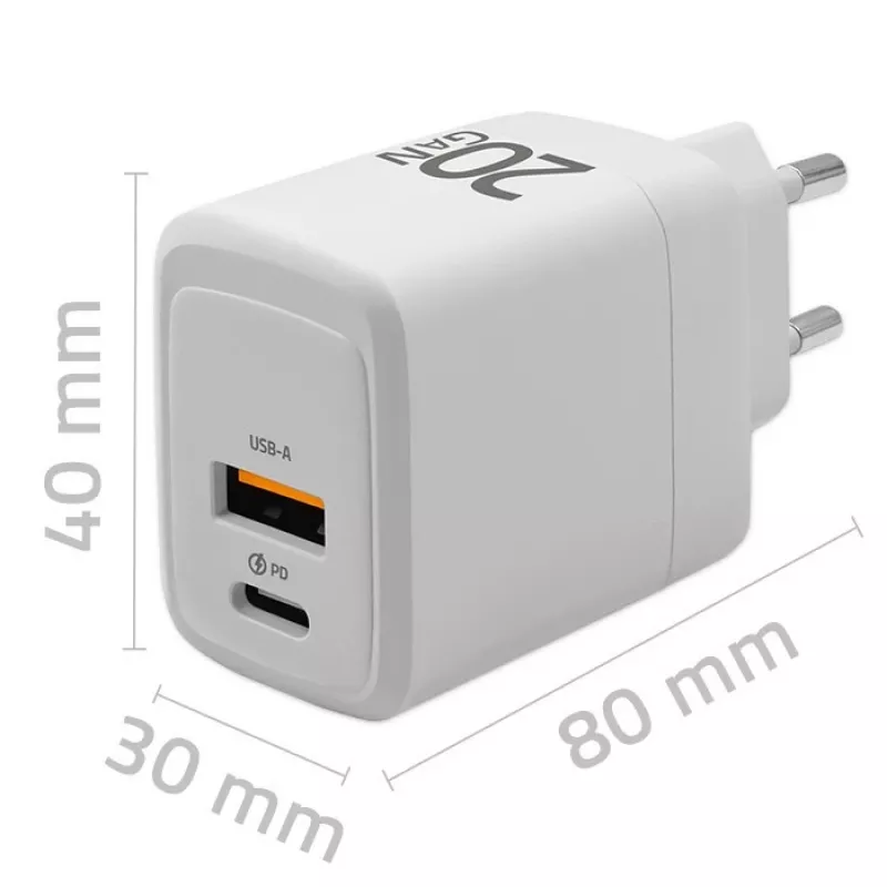 GaN-laadija QOLTEC 51823 20W USB toiteadapter, 5V/20V väljund