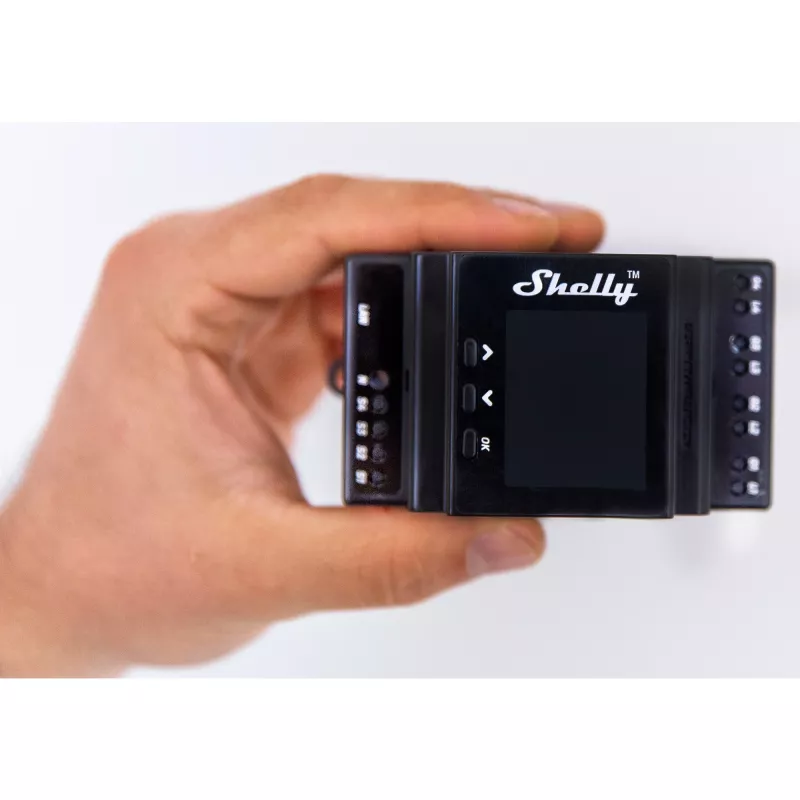 DIN-liistuga releemoodul Shelly 4-kanaliga Pro 4PM Wi‑Fi, 4 kanalit, AC 110–240V, toite- ja energiamõõtmine, DIN-kinnitus
