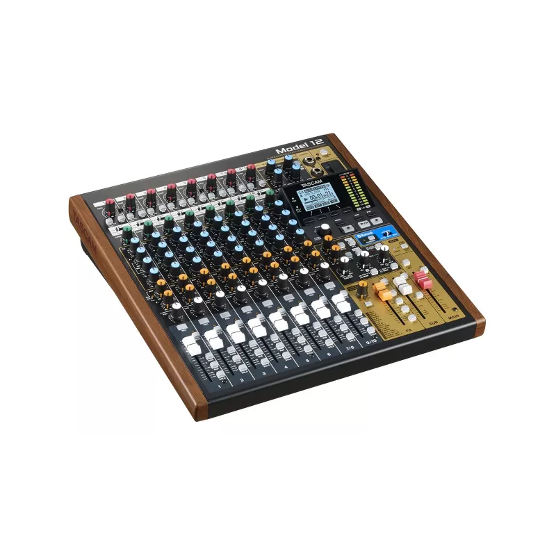 Mikser Tascam Model 12 — 12‑kanaliline analoog-/digitaalmikser, 24‑bitine, 48 kHz, USB‑C, SD-kaart, Bluetooth 5.0