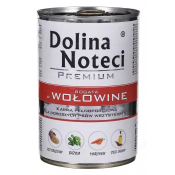 Märg koeratoit Dolina Noteci veiseliha ja sealiha täiskasvanud koertele purk 400 g, valk 11%, rasv 6%, niiskus 78%