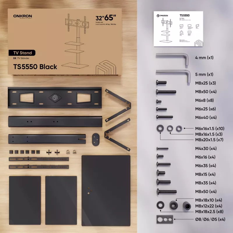 Põrandal seisev telerialus ONKRON TS5550-B 32–65 tollistele (81.3–165.1 cm) teleritele, max koormus 30 kg, VESA 100x100–600x400, kõrgus 880–1080 mm, pööre ±25°