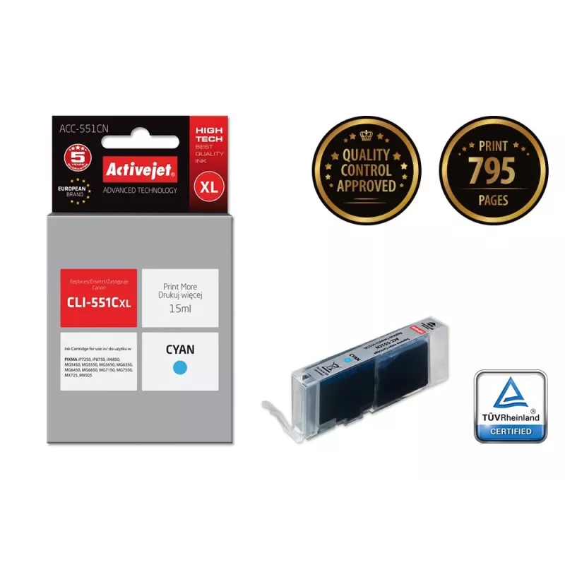 Activejet ACC-551CN tindikassett (asendus Canon CLI-551C; Supreme; 15 ml; tsüaan)