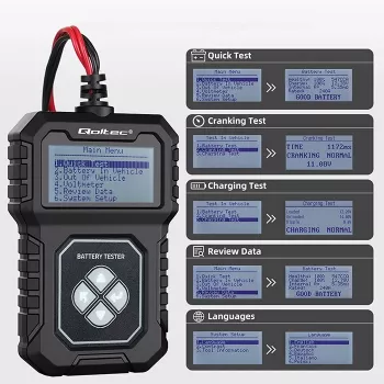 Qoltec Digitaalne akutestija LCD-ekraaniga | Poola menüü | 12V | AGM | GEL | STD | 30-220AH