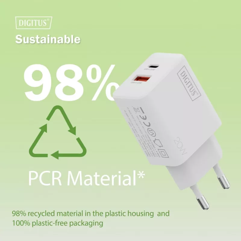 AC-USB-laadija DIGITUS 20 W, 1x USB-C, 1x USB-A, sisend 100–240 V, valge