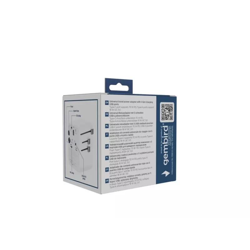 Reisiadapter GEMBIRD TPA-2A3C70-01-W — I tüüpi pistik, 3× USB-C (70W), 2× USB-A (18W), 100–250V, valge