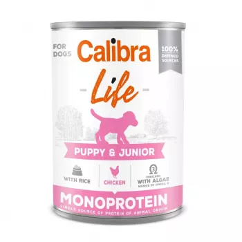 Märg koeratoit Calibra Puppy & Junior Chicken with Rice 400 g — täisväärtuslik kasvutoit kutsikatele, 78% niiskust, 9,5% valku, 7% rasva