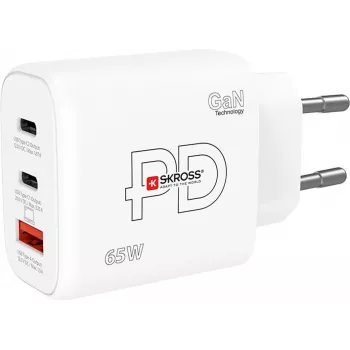 Toiteadapter SKROSS Power Charger 65W PD GaN EU USB‑C 2x — 65W USB‑C GaN laadija kahe USB‑C pordiga, EL-pistik