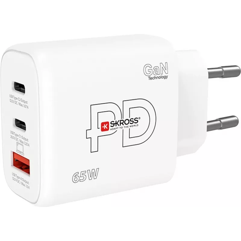 Toiteadapter SKROSS Power Charger 65W PD GaN EU USB‑C 2x — 65W USB‑C GaN laadija kahe USB‑C pordiga, EL-pistik