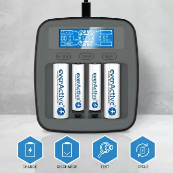 Akulaadija everActive NC1000MV2 — Ni-MH 4-pesaline USB-C laadija, 4 akut, 5 V, must, 110×99×38 mm